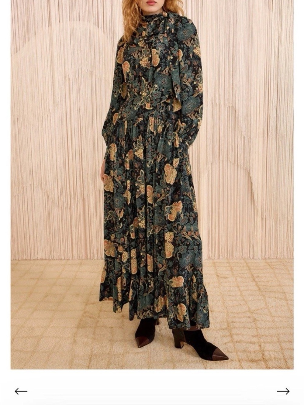 Ulla Johnson Cerce Dark Green Floral Tie-Neck Maxi Dress